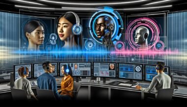 Futuristischer Arbeitsbereich mit mehreren Descript-Monitoren, Audio-Wellenformen, TTS-Einstellungen und einem diversen Team im kollaborativen Austausch zwischen KI-Hologrammen und Sprach-Avataren.