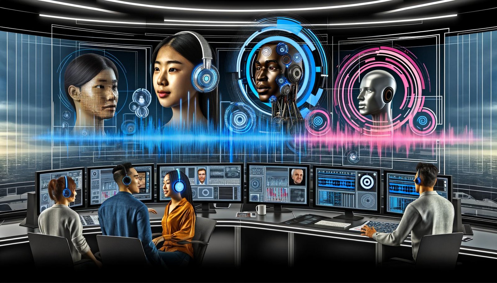Futuristischer Arbeitsbereich mit mehreren Descript-Monitoren, Audio-Wellenformen, TTS-Einstellungen und einem diversen Team im kollaborativen Austausch zwischen KI-Hologrammen und Sprach-Avataren.