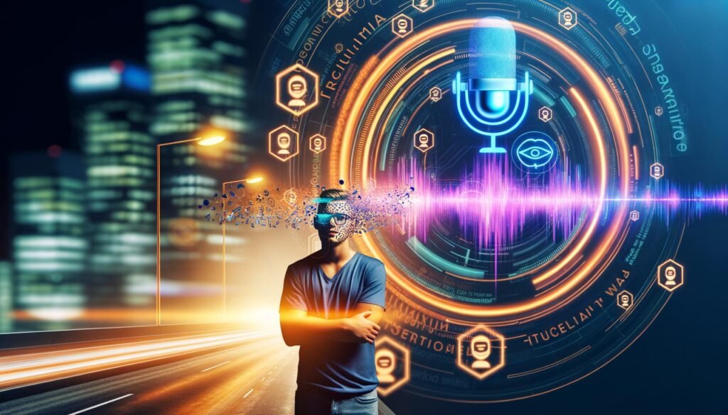 Junger Content-Creator ohne Mikrofon vor Neonlichtern, umgeben von stilisierten Schallwellen und KI-Icons, mit Descript-Interface im Hintergrund in einer urbanen, digitalen Atmosphäre.