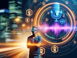 Junger Content-Creator ohne Mikrofon vor Neonlichtern, umgeben von stilisierten Schallwellen und KI-Icons, mit Descript-Interface im Hintergrund in einer urbanen, digitalen Atmosphäre.