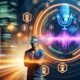 Junger Content-Creator ohne Mikrofon vor Neonlichtern, umgeben von stilisierten Schallwellen und KI-Icons, mit Descript-Interface im Hintergrund in einer urbanen, digitalen Atmosphäre.