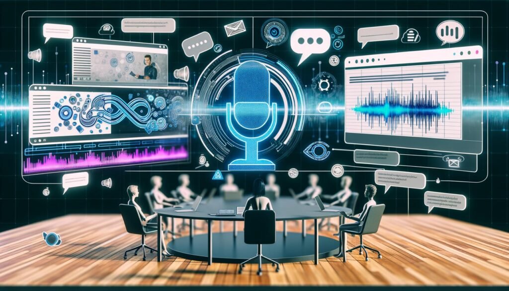 Modernes Marketing-Team bei der Arbeit mit Descript Text-to-Speech, API-Dashboards und Podcast-Workflows in einer professionellen, multilingualen Umgebung.