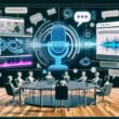 Modernes Marketing-Team bei der Arbeit mit Descript Text-to-Speech, API-Dashboards und Podcast-Workflows in einer professionellen, multilingualen Umgebung.