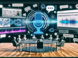 Modernes Marketing-Team bei der Arbeit mit Descript Text-to-Speech, API-Dashboards und Podcast-Workflows in einer professionellen, multilingualen Umgebung.