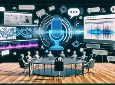 Modernes Marketing-Team bei der Arbeit mit Descript Text-to-Speech, API-Dashboards und Podcast-Workflows in einer professionellen, multilingualen Umgebung.