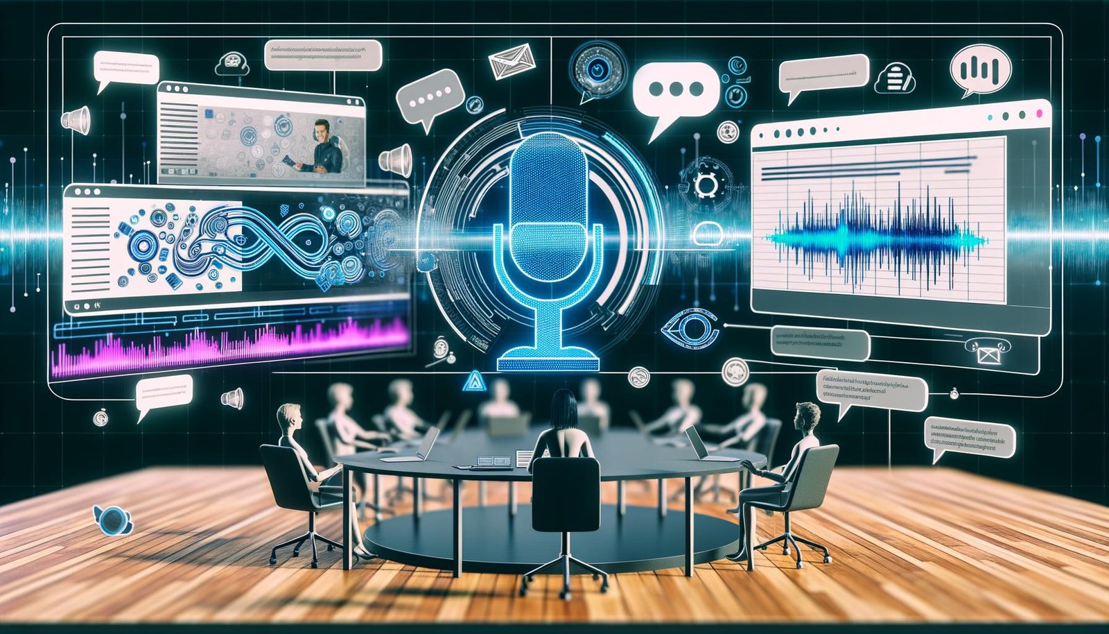 Modernes Marketing-Team bei der Arbeit mit Descript Text-to-Speech, API-Dashboards und Podcast-Workflows in einer professionellen, multilingualen Umgebung.