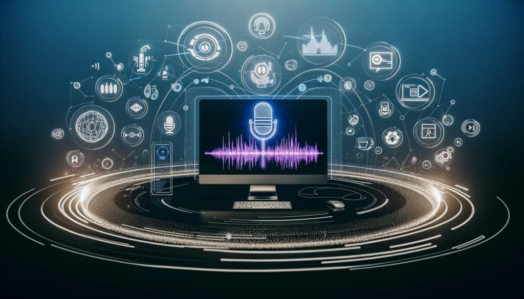 Futuristische Audio-Kommandozentrale mit Descript Voice Assistant auf mehreren Bildschirmen, umgeben von Soundwellen, KI-Icons, Workflow-Pfeilen sowie Marketing- und Podcast-Symbolen in einem modernen, inspirierenden Design.