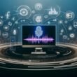 Futuristische Audio-Kommandozentrale mit Descript Voice Assistant auf mehreren Bildschirmen, umgeben von Soundwellen, KI-Icons, Workflow-Pfeilen sowie Marketing- und Podcast-Symbolen in einem modernen, inspirierenden Design.