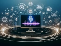 Futuristische Audio-Kommandozentrale mit Descript Voice Assistant auf mehreren Bildschirmen, umgeben von Soundwellen, KI-Icons, Workflow-Pfeilen sowie Marketing- und Podcast-Symbolen in einem modernen, inspirierenden Design.