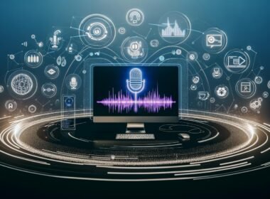 Futuristische Audio-Kommandozentrale mit Descript Voice Assistant auf mehreren Bildschirmen, umgeben von Soundwellen, KI-Icons, Workflow-Pfeilen sowie Marketing- und Podcast-Symbolen in einem modernen, inspirierenden Design.