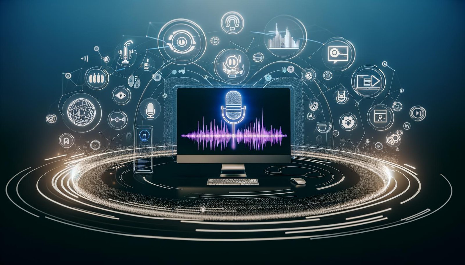 Futuristische Audio-Kommandozentrale mit Descript Voice Assistant auf mehreren Bildschirmen, umgeben von Soundwellen, KI-Icons, Workflow-Pfeilen sowie Marketing- und Podcast-Symbolen in einem modernen, inspirierenden Design.