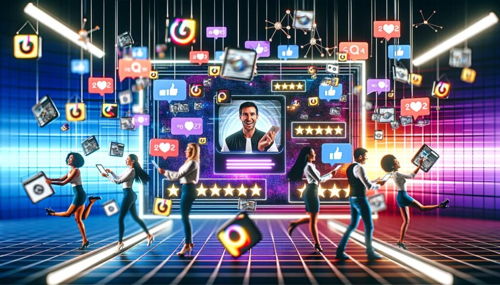 Illustration einer futuristischen Marketing-Abteilung mit großem Social Media Dashboard, drei Personen analysieren und moderieren User Generated Content mithilfe digitaler Geräte, leuchtende API-Verbindungen im Hintergrund.