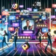 Illustration einer futuristischen Marketing-Abteilung mit großem Social Media Dashboard, drei Personen analysieren und moderieren User Generated Content mithilfe digitaler Geräte, leuchtende API-Verbindungen im Hintergrund.