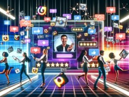 Illustration einer futuristischen Marketing-Abteilung mit großem Social Media Dashboard, drei Personen analysieren und moderieren User Generated Content mithilfe digitaler Geräte, leuchtende API-Verbindungen im Hintergrund.
