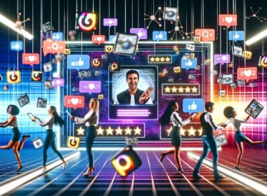 Illustration einer futuristischen Marketing-Abteilung mit großem Social Media Dashboard, drei Personen analysieren und moderieren User Generated Content mithilfe digitaler Geräte, leuchtende API-Verbindungen im Hintergrund.