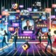 Illustration einer futuristischen Marketing-Abteilung mit großem Social Media Dashboard, drei Personen analysieren und moderieren User Generated Content mithilfe digitaler Geräte, leuchtende API-Verbindungen im Hintergrund.