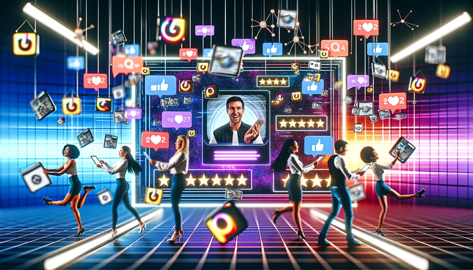 Illustration einer futuristischen Marketing-Abteilung mit großem Social Media Dashboard, drei Personen analysieren und moderieren User Generated Content mithilfe digitaler Geräte, leuchtende API-Verbindungen im Hintergrund.