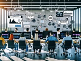Modernes Büro mit jungem Marketing-Team, das konzentriert an Computern mit Podcast-Workflows, Audio-Wellenformen und SEO-Dashboards arbeitet, KI-Visualisierungen im Hintergrund und Whiteboard mit technischen Begriffen.