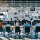 Modernes Büro mit jungem Marketing-Team, das konzentriert an Computern mit Podcast-Workflows, Audio-Wellenformen und SEO-Dashboards arbeitet, KI-Visualisierungen im Hintergrund und Whiteboard mit technischen Begriffen.