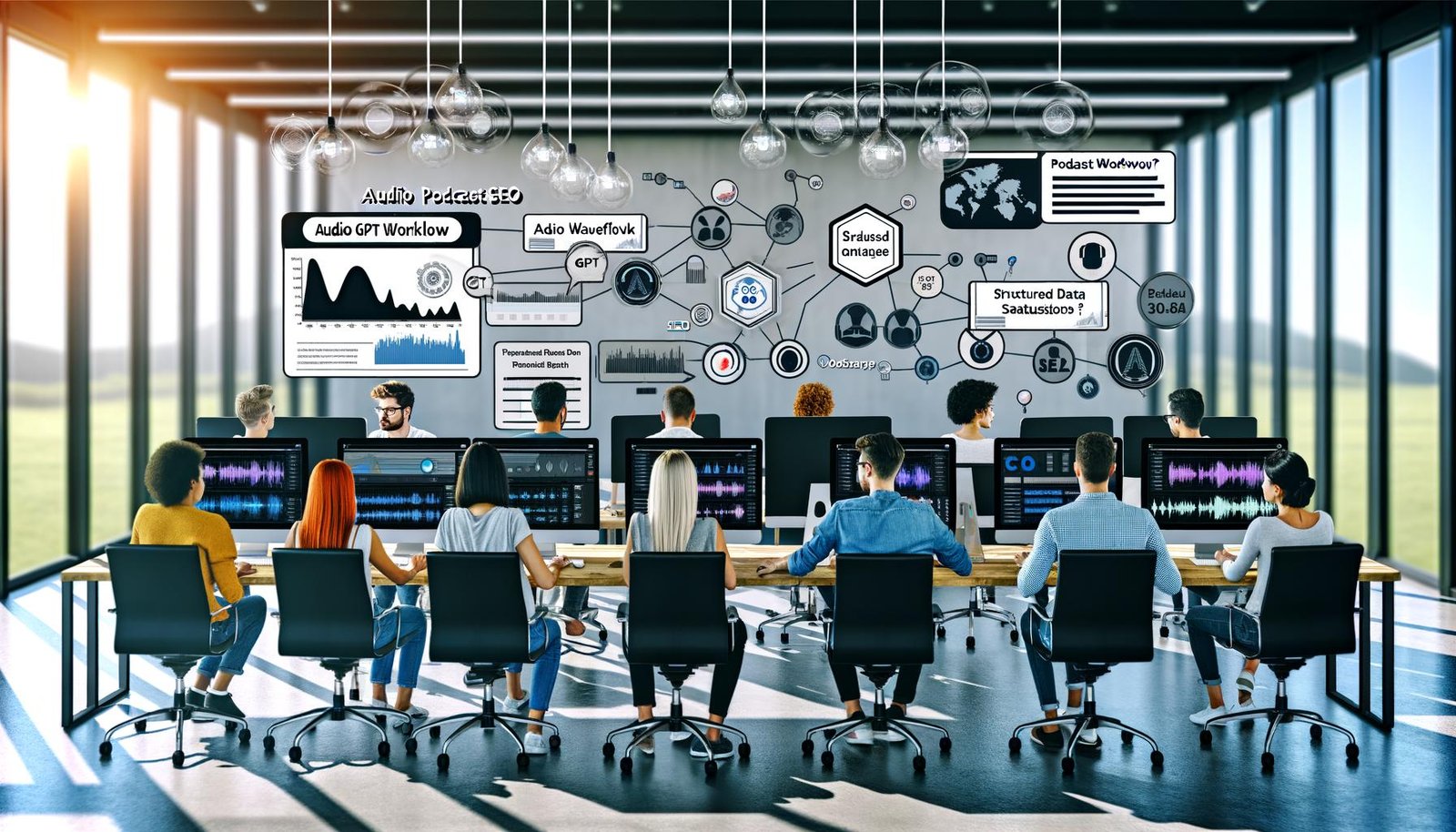 Modernes Büro mit jungem Marketing-Team, das konzentriert an Computern mit Podcast-Workflows, Audio-Wellenformen und SEO-Dashboards arbeitet, KI-Visualisierungen im Hintergrund und Whiteboard mit technischen Begriffen.