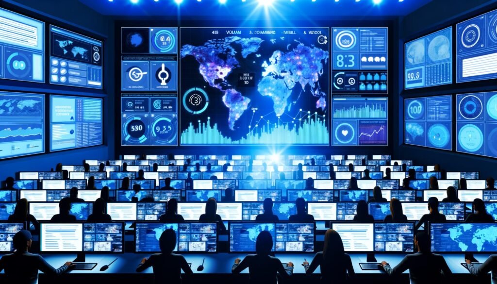 Dynamischer digitaler Marketing-Kontrollraum mit mehreren Monitoren, die globalen User Generated Content und leuchtende KPIs zeigen, während Marketer Daten analysieren.