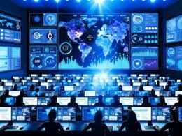 Dynamischer digitaler Marketing-Kontrollraum mit mehreren Monitoren, die globalen User Generated Content und leuchtende KPIs zeigen, während Marketer Daten analysieren.