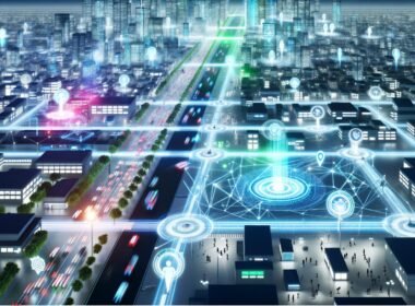 Hypermodernes Stadtpanorama bei Nacht mit leuchtenden Datenströmen, futuristischem Verkehr, KI-gesteuerten Ampeln, autonomen Fahrzeugen und Drohnen in einer digital vernetzten Metropole.