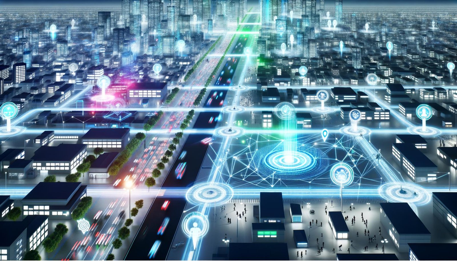 Hypermodernes Stadtpanorama bei Nacht mit leuchtenden Datenströmen, futuristischem Verkehr, KI-gesteuerten Ampeln, autonomen Fahrzeugen und Drohnen in einer digital vernetzten Metropole.