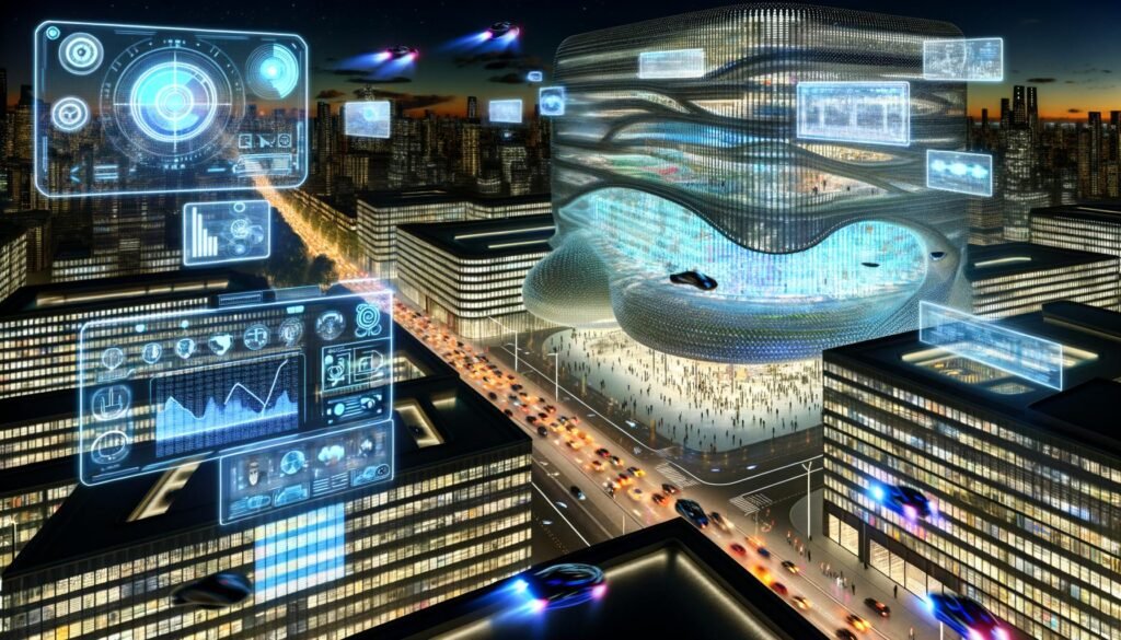 Futuristische Stadt bei Nacht mit beleuchteten Hochhäusern, fliegenden Autos, holografischen Diagrammen, digitaler Infrastruktur und einer zentralen KI-Zentrale.