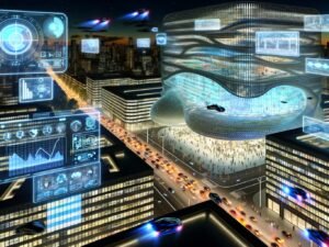 Futuristische Stadt bei Nacht mit beleuchteten Hochhäusern, fliegenden Autos, holografischen Diagrammen, digitaler Infrastruktur und einer zentralen KI-Zentrale.