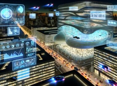 Futuristische Stadt bei Nacht mit beleuchteten Hochhäusern, fliegenden Autos, holografischen Diagrammen, digitaler Infrastruktur und einer zentralen KI-Zentrale.