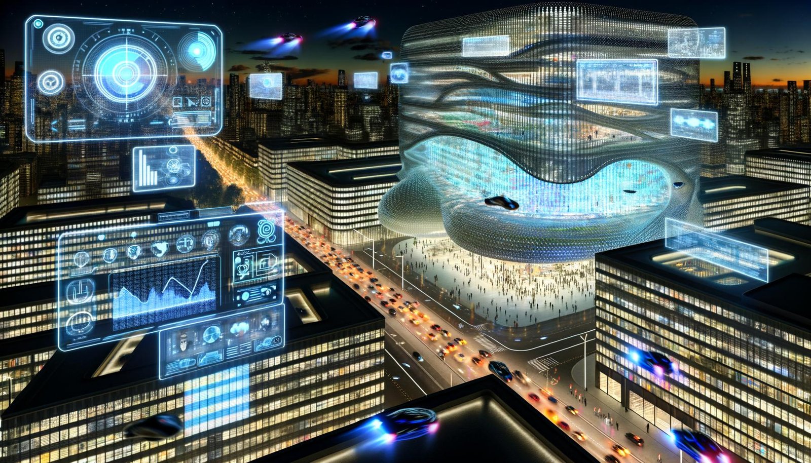 Futuristische Stadt bei Nacht mit beleuchteten Hochhäusern, fliegenden Autos, holografischen Diagrammen, digitaler Infrastruktur und einer zentralen KI-Zentrale.