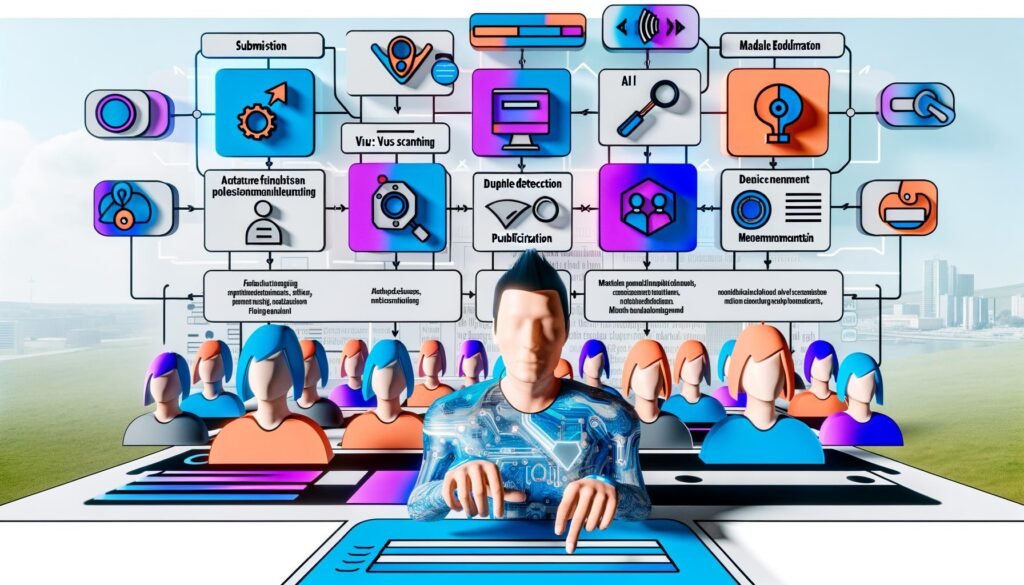 Illustration einer modernen Online-Plattform mit diversen Nutzern, automatisierten Filtern, Moderationsdashboard und Veröffentlichung von Inhalten inklusive SEO-Icons