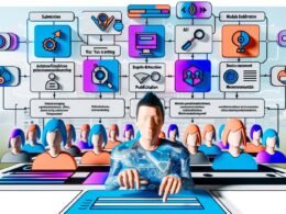 Illustration einer modernen Online-Plattform mit diversen Nutzern, automatisierten Filtern, Moderationsdashboard und Veröffentlichung von Inhalten inklusive SEO-Icons