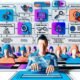 Illustration einer modernen Online-Plattform mit diversen Nutzern, automatisierten Filtern, Moderationsdashboard und Veröffentlichung von Inhalten inklusive SEO-Icons