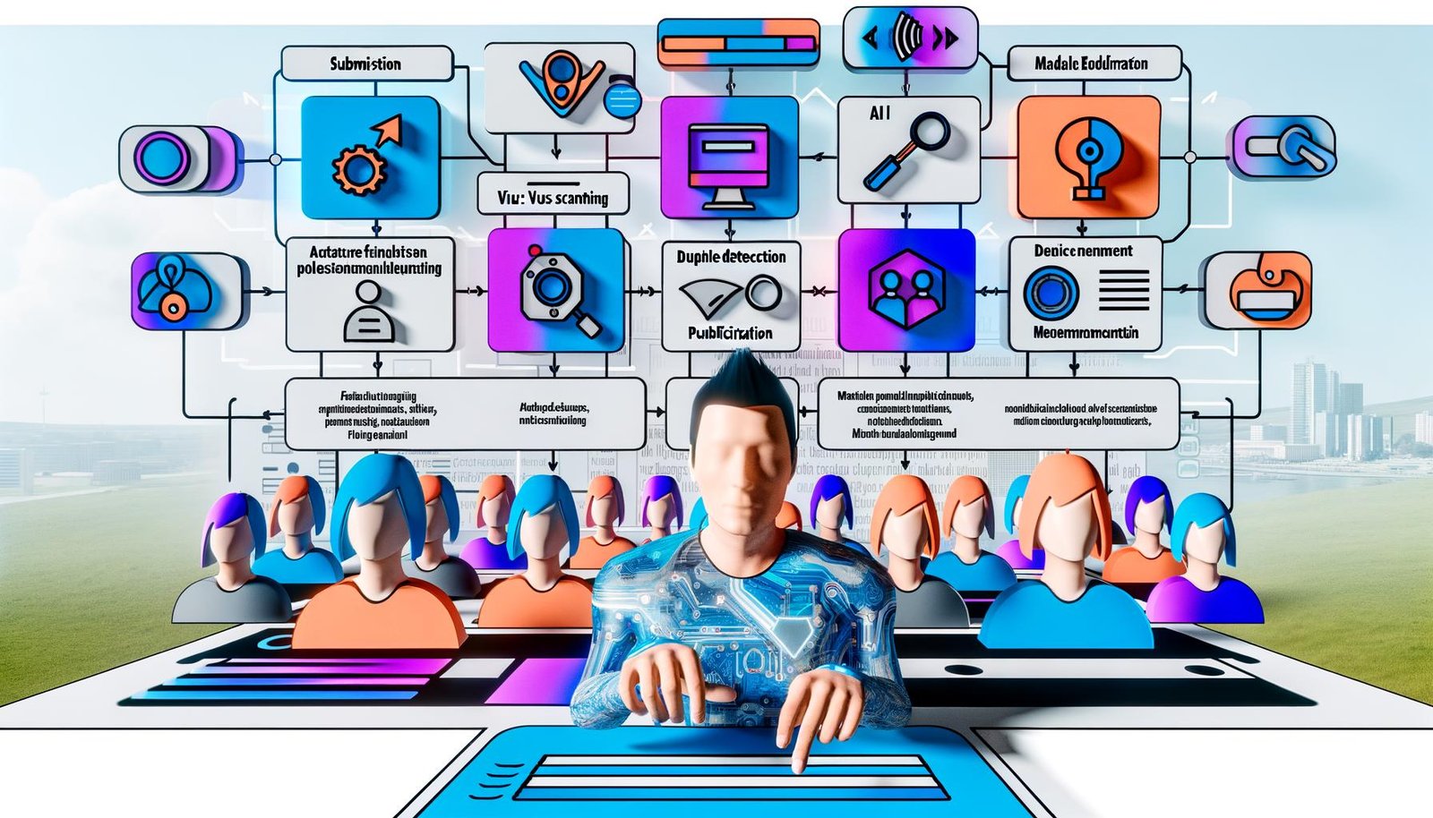 Illustration einer modernen Online-Plattform mit diversen Nutzern, automatisierten Filtern, Moderationsdashboard und Veröffentlichung von Inhalten inklusive SEO-Icons