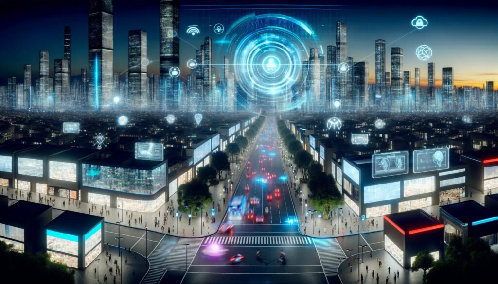 Futuristische Großstadt bei Nacht mit intelligenter Skyline, digitalen Datenströmen, autonomen Fahrzeugen und einem holografischen Algorithmus als Bürgermeister über der Stadt.