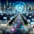 Futuristische Großstadt bei Nacht mit intelligenter Skyline, digitalen Datenströmen, autonomen Fahrzeugen und einem holografischen Algorithmus als Bürgermeister über der Stadt.