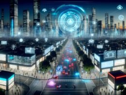 Futuristische Großstadt bei Nacht mit intelligenter Skyline, digitalen Datenströmen, autonomen Fahrzeugen und einem holografischen Algorithmus als Bürgermeister über der Stadt.