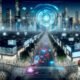 Futuristische Großstadt bei Nacht mit intelligenter Skyline, digitalen Datenströmen, autonomen Fahrzeugen und einem holografischen Algorithmus als Bürgermeister über der Stadt.