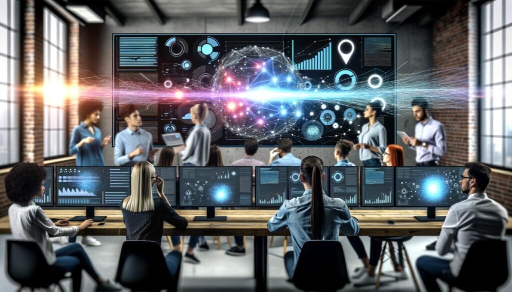 Professionelles Team analysiert Daten an großen Monitoren in modernem Loft-Office mit digitalen Datenströmen und innovativer Cloud-Umgebung.