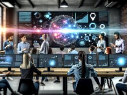 Professionelles Team analysiert Daten an großen Monitoren in modernem Loft-Office mit digitalen Datenströmen und innovativer Cloud-Umgebung.