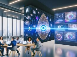 Futuristisches Großraumbüro mit mehreren Teams vor Laptops, umgeben von Bildschirmen mit KI-Videos, Datenvisualisierungen und Social-Media-Stats sowie projizierten KI-Symbolen.