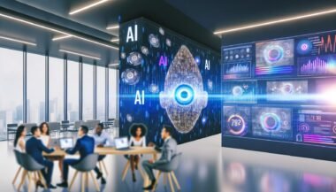 Futuristisches Großraumbüro mit mehreren Teams vor Laptops, umgeben von Bildschirmen mit KI-Videos, Datenvisualisierungen und Social-Media-Stats sowie projizierten KI-Symbolen.