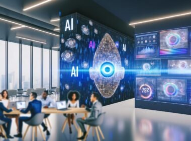 Futuristisches Großraumbüro mit mehreren Teams vor Laptops, umgeben von Bildschirmen mit KI-Videos, Datenvisualisierungen und Social-Media-Stats sowie projizierten KI-Symbolen.