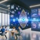 Futuristisches Großraumbüro mit mehreren Teams vor Laptops, umgeben von Bildschirmen mit KI-Videos, Datenvisualisierungen und Social-Media-Stats sowie projizierten KI-Symbolen.