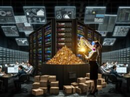 Menschen arbeiten in einem dunklen, industriellen Datenlabor zwischen Servern und Dashboards, eine Forscherin gewinnt leuchtende Erkenntnis-Kristalle aus Rohdaten – überall herrscht technische, energiegeladene Atmosphäre.