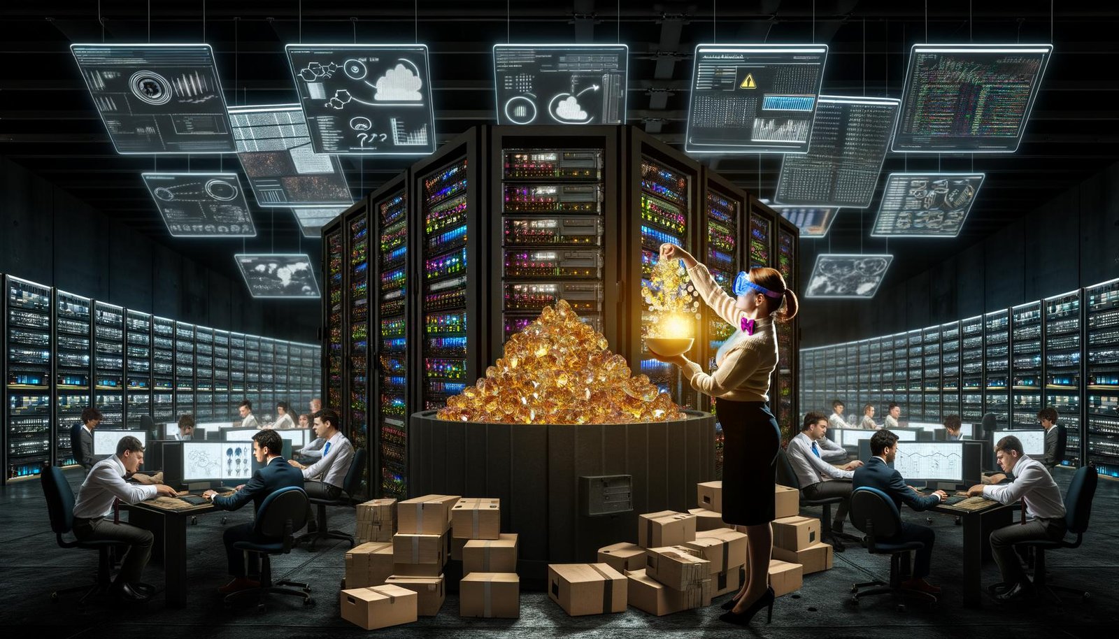 Menschen arbeiten in einem dunklen, industriellen Datenlabor zwischen Servern und Dashboards, eine Forscherin gewinnt leuchtende Erkenntnis-Kristalle aus Rohdaten – überall herrscht technische, energiegeladene Atmosphäre.