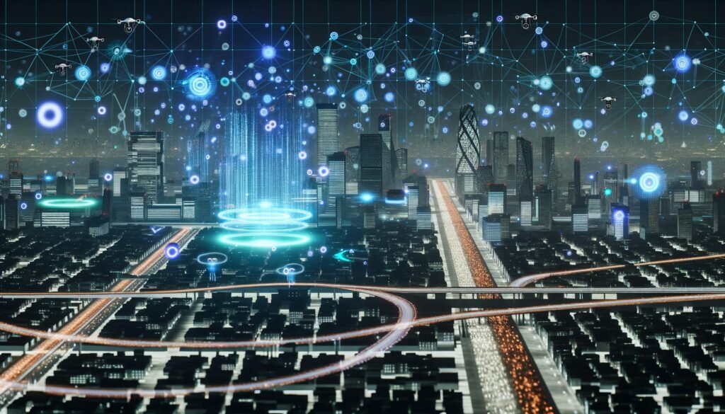 Futuristische Großstadt bei Nacht mit beleuchteten Datenströmen, holografischen Bedienoberflächen, digitalen Mustern an Wolkenkratzern, autonomen Fahrzeugen, Drohnen und einem riesigen neuronalen Netz am Himmel.
