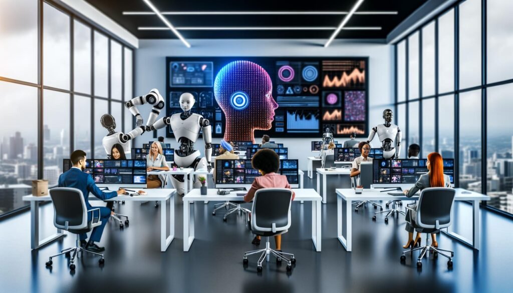 Futuristisches Büro mit humanoiden Robotern und Menschen, die an modernen Arbeitsplätzen Videobearbeitung und Datenanalyse durchführen.